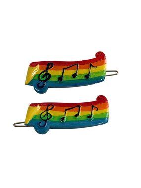 Vintage Rainbow Music Note Hair Clips Set 2 Vibrant Multicolor Design Plastic 2"